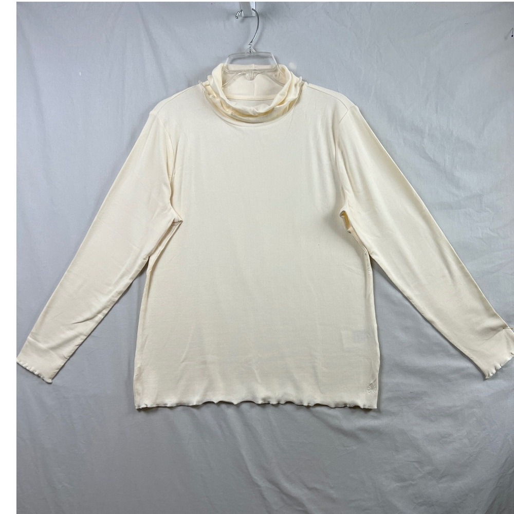 Isaac Mizrahi Live Turtleneck Women M Cream Ribbed Pima Cotton Lettuce Edge Top